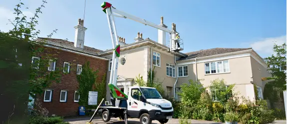 using our cherry picker on a commercial gutter cleaning job in Aston, Birmingham
